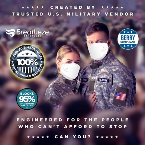 Two people in military uniforms wearing KN95 Face Mask 10 Pack Made In USA Disposable Breathable White Facemask With Elastic Ear Loops and Adjustable Nose Clip.