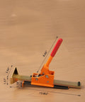 Hardwood flooring jack installation tool; orange body, red handle for tongue-and-groove floors