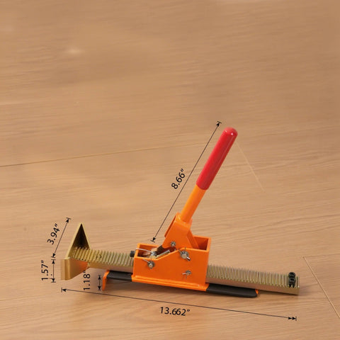 Hardwood flooring jack installation tool; orange body, red handle for tongue-and-groove floors