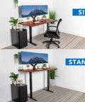 Pro Grade 60 Inch Electric Standing Desk With Adjustable Height And Memory Presets Smooth Hazelnut Woodgrain Finish in sit and stand positions.