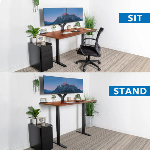 Pro Grade 60 Inch Electric Standing Desk With Adjustable Height And Memory Presets Smooth Hazelnut Woodgrain Finish in sit and stand positions.