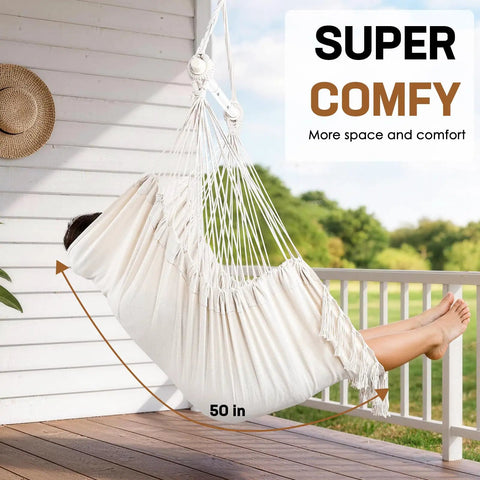 Heavy Duty Hammock Chair With Steel Spreader Bar And Adjustable Straps For Indoor Outdoor Use Up To 500 Lbs in use on a porch
