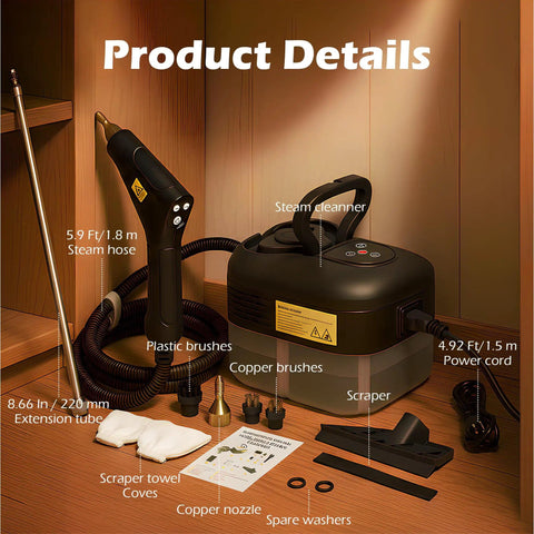 Powerful 1500W Portable Steam Cleaner With 1.2L Tank, accessories including extension tube, scraper, and copper brushes