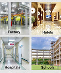 Collage of four images showing various environments: factory floor, hotel lobby, hospital corridor, and school exterior.