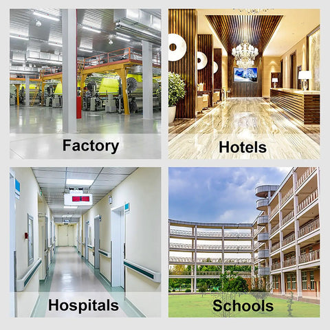 Collage of environments: factory, hotel lobby, hospital corridor, school building; related to product use for cleaning organization.