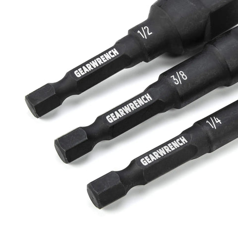 Close-up of Six Piece One Quarter Inch Drive Hex Shank Impact Socket Extensions Set With One Quarter, Three Eighths And One Half Inch Drive Sizes