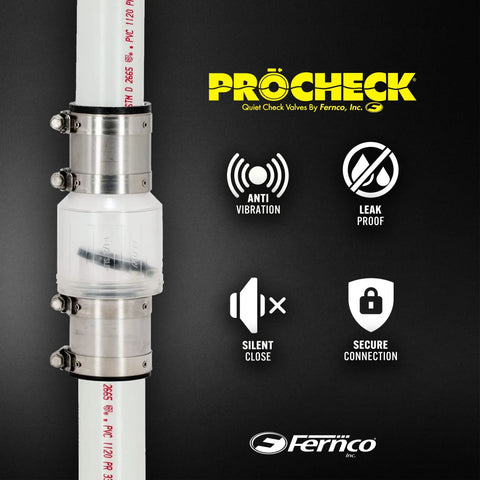 Front view of Fernco ProCheck quiet sump pump check valve with stainless steel vibration-resistant couplings, 1-1/2 in