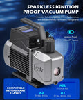Orion Motor Tech A2L AC vacuum pump with gauge, front view, silver housing, black handle