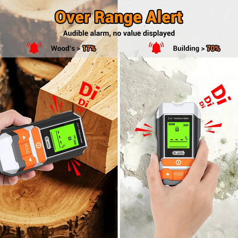 2 In 1 Pin And Pinless Wood Moisture Meter Digital Humidity Sensor Detector for wood and drywall showing over range alert