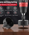 Installed: 12-piece black hole saw kit with drill, arbors and hex key; 3/4in–2-1/2in saws