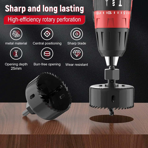 Installed: 12-piece black hole saw kit with drill, arbors and hex key; 3/4in–2-1/2in saws