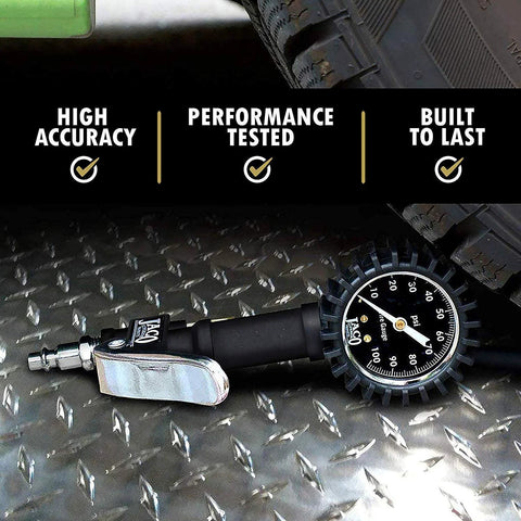 Front view of JACO FlowPro tire inflator with pressure gauge and air chuck, 100 PSI