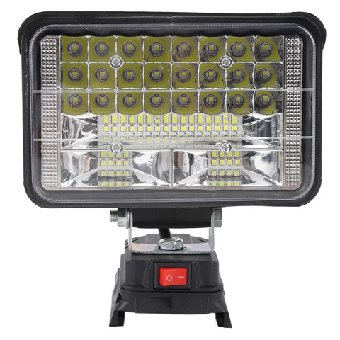 Mingzhe Cordless LED Flood Light 50W with USB Ports front view showing LED array, power switch, and adjustable mount.
