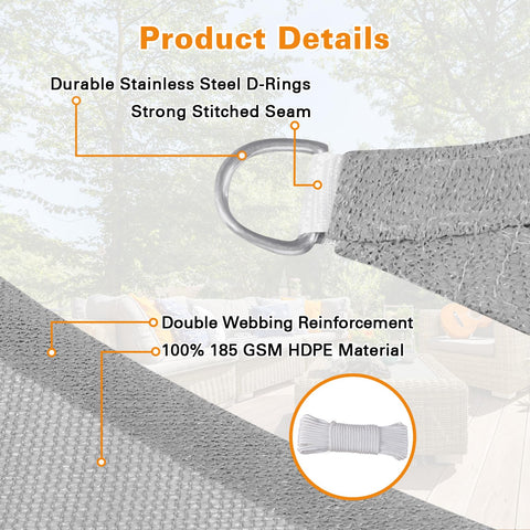 Close-up of 17x31 Foot Light Gray Sun Shade Sail Rectangle Outdoor Canopy with Durable D-Rings and HDPE Fabric