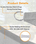 Close-up of Rectangle 20x20 Sun Shade Sail Canopy for Patio Pergola Deck Outdoor Backyard Light Grey UV Block Ninety Five Percent Breathable All Weather HDPE Fabric 185GSM With Reinforced Stitching And Stainless Steel Hardware.