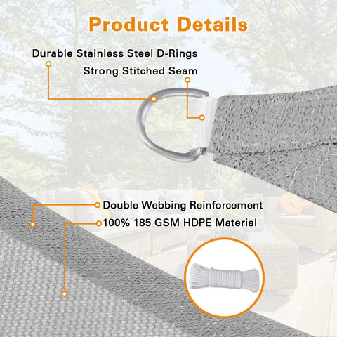 Close-up of Rectangle 20x20 Sun Shade Sail Canopy for Patio Pergola Deck Outdoor Backyard Light Grey UV Block Ninety Five Percent Breathable All Weather HDPE Fabric 185GSM With Reinforced Stitching And Stainless Steel Hardware.