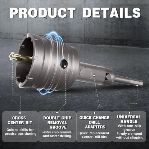 Heavy Duty Concrete Hole Saw Kit With 7 Tungsten Steel Masonry Drill Bits For Stone Brick And Cement Wall Drilling Including Sds Plus And Max Connectors To Get The Job Done Fast, universal handle