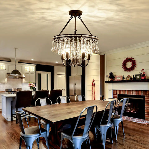 Dining room with Dope Modern Semi Flush Mount Crystal Chandelier with Five Lights in Matte Black Ceiling Fixture, warm glow