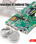 Soldering Tip Tinner Cleaner And Refresher Flux For Lead Free Soldering next to green circuit board with active soldering tool