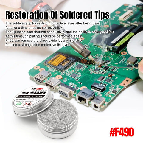 Soldering Tip Tinner Cleaner And Refresher Flux For Lead Free Soldering next to green circuit board with active soldering tool