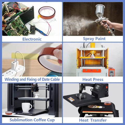Four Rolls 20mm by 25m Heat Resistant Sublimation Tape For Heat Press And Soldering, shown in various applications like electronics and coffee cup printing