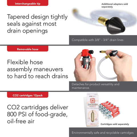 Lightweight AC Drain Gun With Flexible Hose, interchangeable tip, CO2 cartridges, and features for HVAC condensate line cleaning.