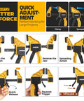 Instructional guide for Six Pack Bar Clamps For Woodworking And Diy Projects with close-up details on quick adjustment features.