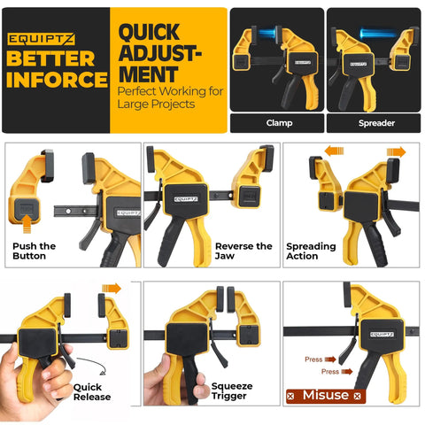 Instructional guide for Six Pack Bar Clamps For Woodworking And Diy Projects with close-up details on quick adjustment features.
