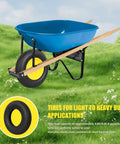 Blue wheelbarrow with 4.80/4.00-8 Tire And Inner Tube Replacement For Wheelbarrows Hand Trucks Lawn Mowers, on grassy field