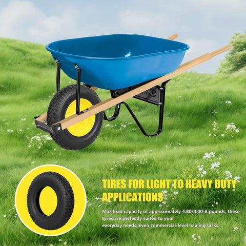 Blue wheelbarrow with 4.80/4.00-8 Tire And Inner Tube Replacement For Wheelbarrows Hand Trucks Lawn Mowers, on grassy field