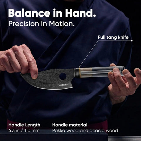 Japanese Stainless Steel Chef Knife 6.3 Inch Professional Kitchen Prep Tool Razor Sharp Blade held, showing pakka and acacia wood handle.