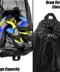 Extra Large Mesh Dive Bag For Scuba Gear And Water Sports, Oversized Foldable Backpack Duffle with fins inside, black mesh with drawstring
