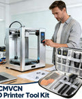 Man using 43-Piece Pro 3D Printer Tools Kit with open toolkit displayed on table, FDM printer in background.