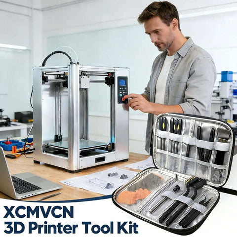 Man using 43-Piece Pro 3D Printer Tools Kit with open toolkit displayed on table, FDM printer in background.