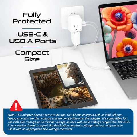 Worldwide Travel Plug Adapter Kit with Dual USB and USB C 3.1A, 20W QC PD, plugged into wall with phone and tablet connected