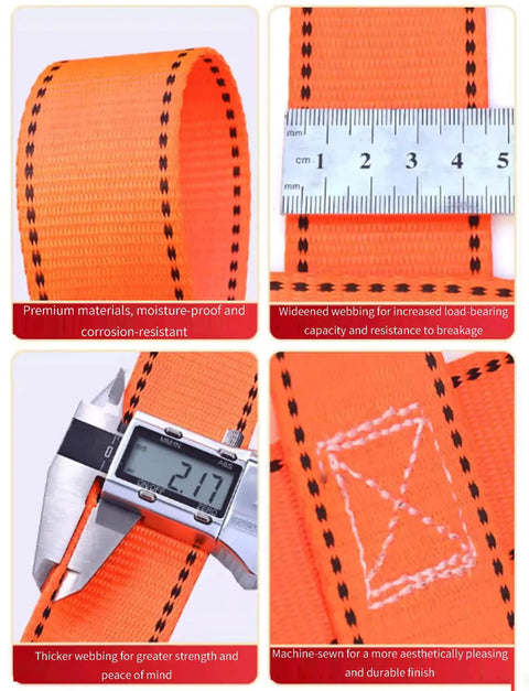 Close-up of orange webbing detail and ruler for Rugged Cargo Lifting Net For Secure Transport And Construction Tasks 200x200 Cm 2 Ton Capacity 15 Cm Grid Versatile Load Securing Net That Snaps Right On Built Tough For Heavy Equipment And Materials