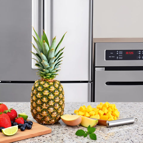 Whole pineapple and diced pieces with V Shape Pineapple Eye Remover Tool With Multipurpose Clip Stainless Steel Peeler on counter.