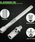 All In One 11 Piece Spark Plug Socket Set With Three Eighth Inch Drive Ratchet Gapper Universal Joint And Three, Six, Ten Inch Extensions Sizes Five Eighths Three Quarters Thirteen Sixteenths Fourteen And Eighteen Millimeter Six Point Sockets With Rubber featuring extension tool close-up