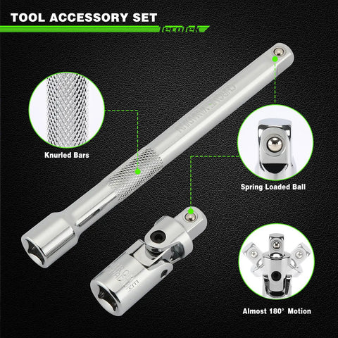 All In One 11 Piece Spark Plug Socket Set With Three Eighth Inch Drive Ratchet Gapper Universal Joint And Three, Six, Ten Inch Extensions Sizes Five Eighths Three Quarters Thirteen Sixteenths Fourteen And Eighteen Millimeter Six Point Sockets With Rubber featuring extension tool close-up