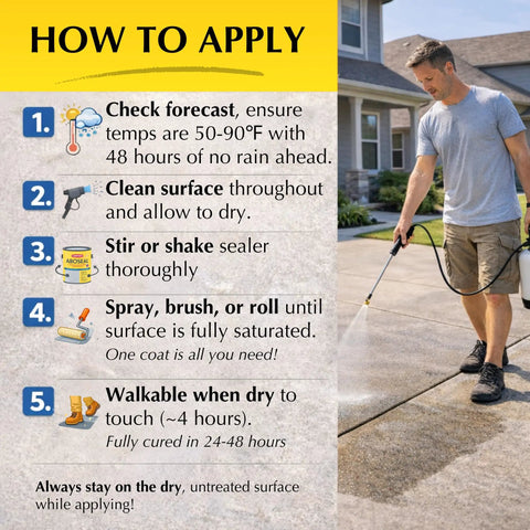 How to apply No Sweat Exterior Concrete Sealer Clear Natural Finish One Gallon with step-by-step instructions on masonry.