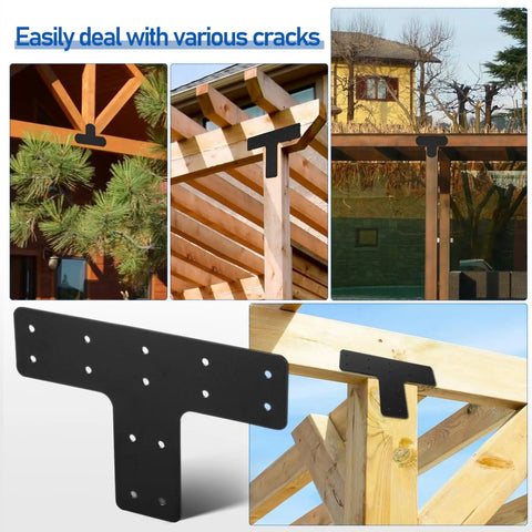 Heavy Duty T Post Brackets And Beam Connectors For Fence Repair Solid Black Carbon Steel Mending Plates With Included Hardware For Tricky Yard Tasks And Backyard Builds Built Like A Tank used to reinforce wooden beams in various outdoor structures.