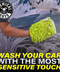 Lime green Chenille Premium Scratch-Free Microfiber Wash Mitt For Your Ride Car Cleaning, glove on soapy car surface.