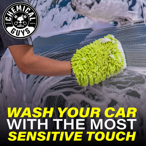 Lime green Chenille Premium Scratch-Free Microfiber Wash Mitt For Your Ride Car Cleaning, glove on soapy car surface.