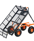 Heavy Duty Steel Garden Dump Cart That Hauls Big Loads With Eight Hundred Eighty Pound Capacity and Removable Sides on Display