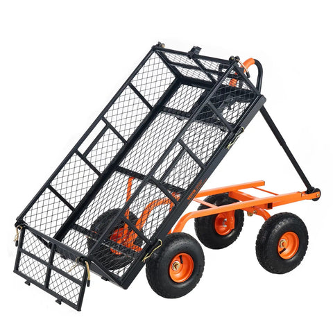 Heavy Duty Steel Garden Dump Cart That Hauls Big Loads With Eight Hundred Eighty Pound Capacity and Removable Sides on Display