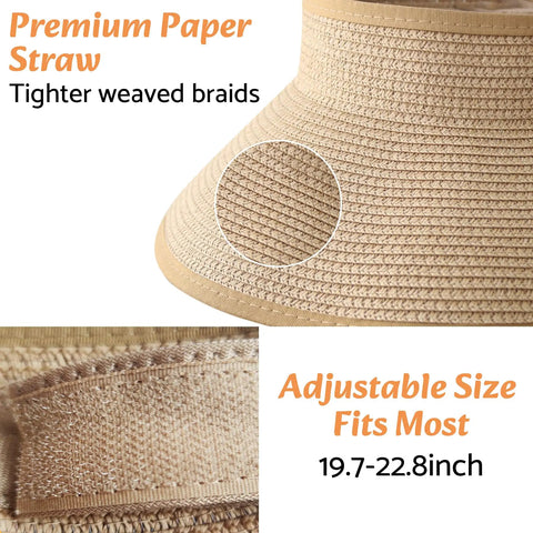Women's Wide Brim Ponytail Straw Sun Hat Packable Foldable UPF Fifty Plus Khaki Beach Travel Floppy Hat material details