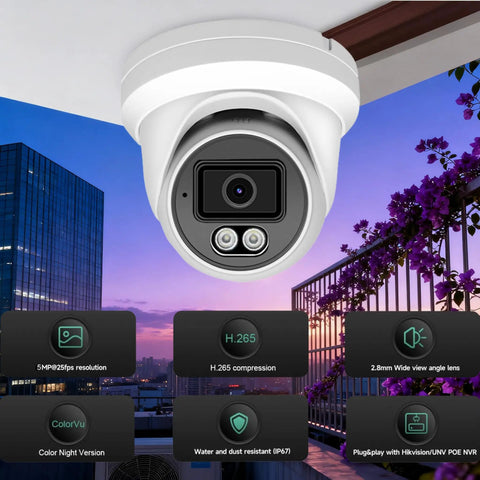 5MP Color Vu Full Color Night Vision Vandal Dome PoE IP Camera Outdoor 2.8mm Wide Angle H265 IP67 Waterproof NVR Ready Requires NVR For Operation Not Standalone mounted on a ceiling.