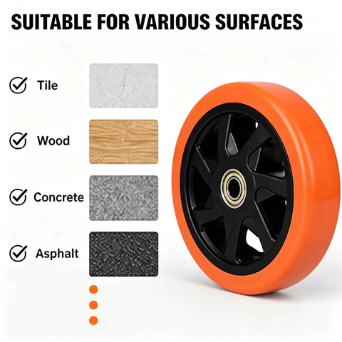 Six Inch Caster Replacement Wheels Four Pack Orange Heavy Duty Polyurethane With Hardened Steel Core shown on various surfaces.