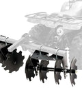 ATV UTV Disc Harrow Implement for Tough Ground with eight rotating discs attached to an ATV shown from side view