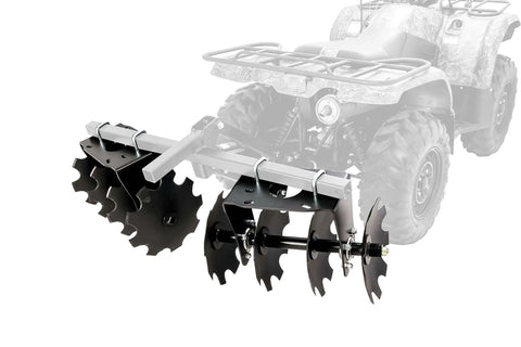 ATV UTV Disc Harrow Implement for Tough Ground with eight rotating discs attached to an ATV shown from side view